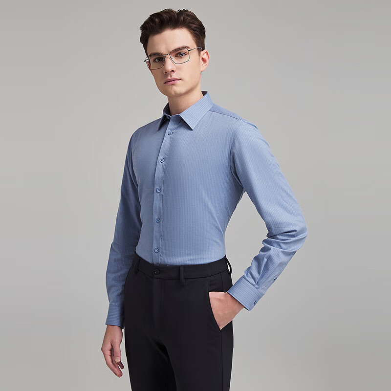 雅戈尔（YOUNGOR）2025秋冬季长袖衬衫男棉混纺面料羊毛绒内胆保暖衬衫温暖舒适 蓝色条纹VLBN119702HJA 42 （180/100A）