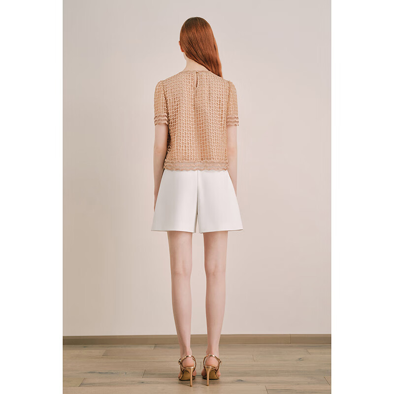 OBBLIGATO奥丽嘉朵夏季水绒花镂空刺绣圆领上衣 咖啡金 M