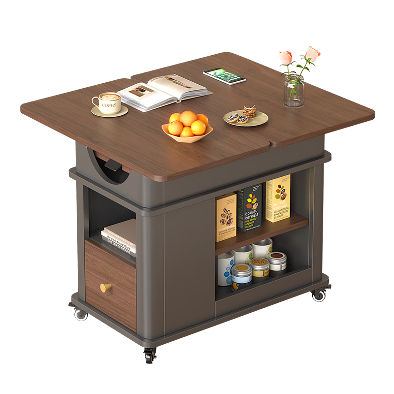 強(qiáng)象中古風(fēng)升降茶幾折疊餐桌客廳沙發(fā)邊柜邊幾可移動(dòng)小推車小茶桌J49 款式1(圓弧邊框 深灰色+深胡桃色