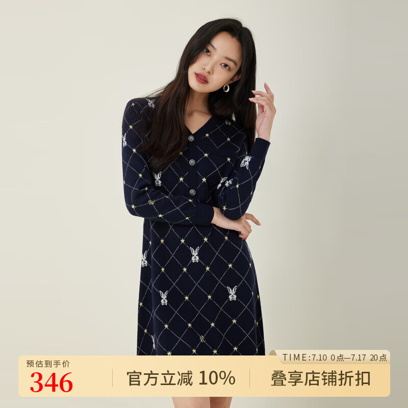 PRICH秋冬含綿羊毛修身收腰V領(lǐng)兔子圖案長(zhǎng)袖連衣裙 59海軍藍(lán)連衣裙 M 165