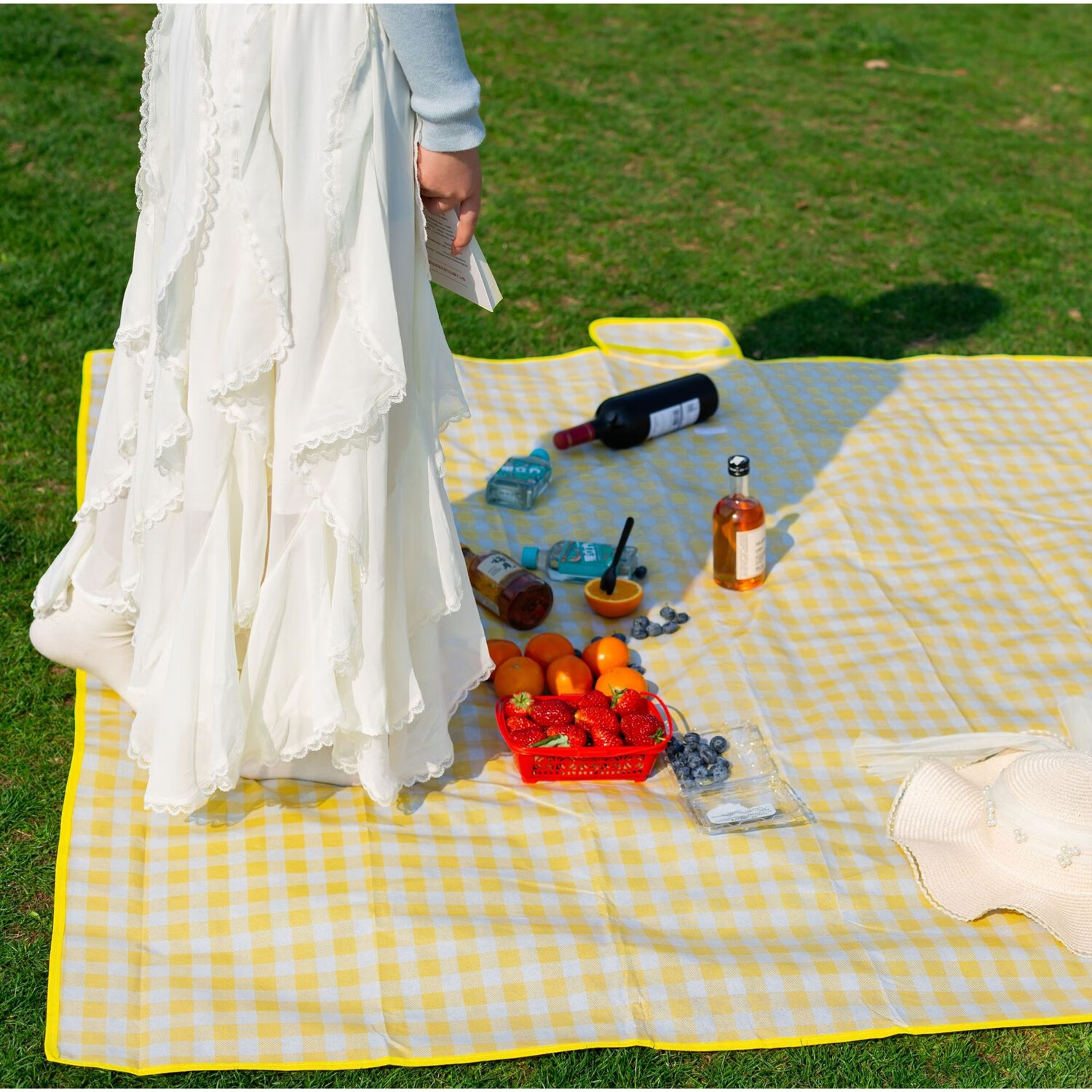 野餐垫防潮垫加厚野餐布户外用品便携防水野炊郊游帐篷垫露营垫子 黄白 100*150cm