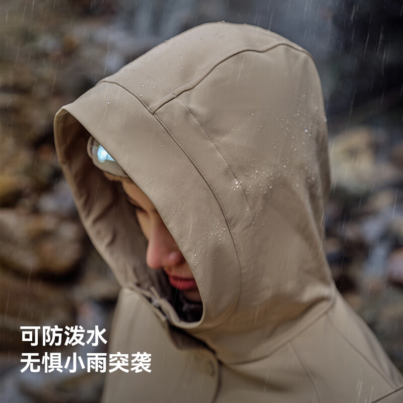 伯希和(Pelliot)【风盾收腰款】软壳衣女加绒外套秋冬户外风衣冲锋夹克连帽登山服 黄卡其 S