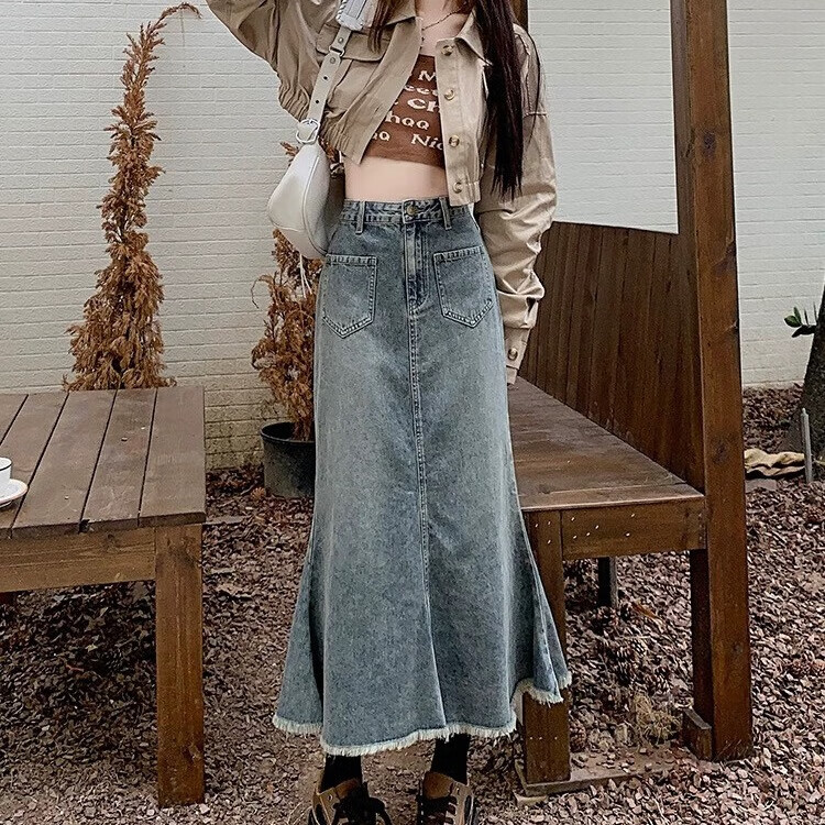 斤慕复古毛边牛仔半身裙女2025春秋高腰宽松显瘦小个子鱼尾包臀半身裙 蓝色【复古蓝】 90-110 M 腰围70cm