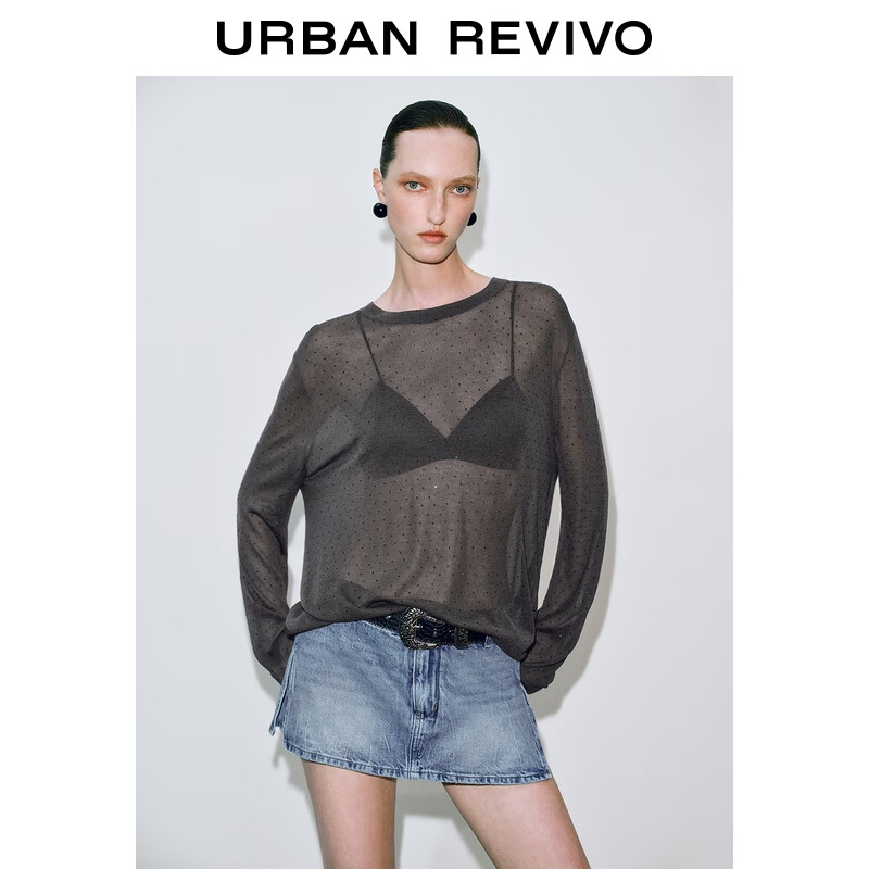 UR2025夏季新款女装潮流设计感烫钻饰长袖针织衫UWJ950037 中灰 (面料偏透) S