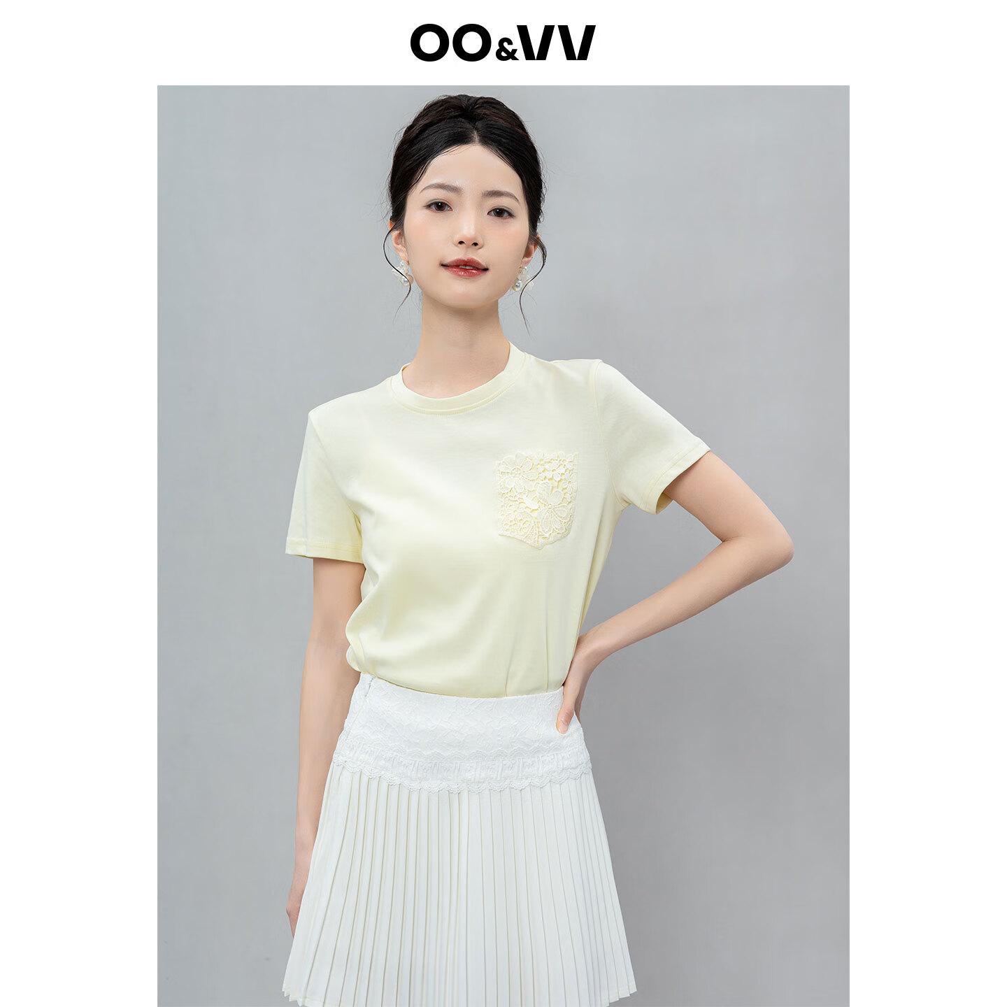 OO&VV设计感短袖T恤女2025夏新款圆领宽松性感蕾丝露背刺绣上衣 日光黄 L