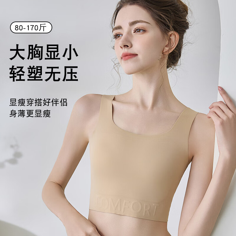 猫人大胸显小纸片人文胸粉底液内衣束胸无痕隐形背心式胸罩美背防下垂 【1件装】黑色 S 推荐【80-100斤】