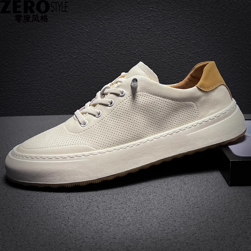 零度风格·ZERO STYLE轻奢男鞋真皮休闲鞋男夏季新款透气一脚蹬百搭板鞋男牛筋底皮鞋 白色 【品牌男鞋】 43 京东折扣/优惠券