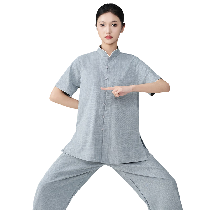 自由系太極服武當(dāng)秀華道源同款夏季男女同款蠶絲麻小扣短袖練功武術(shù)表演