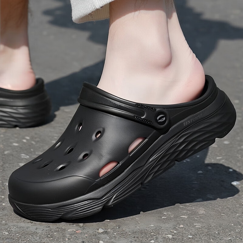 斯凯奇（Skechers）男鞋2025夏季新款涉水鞋厚底洞洞鞋拖鞋休闲清凉舒适外穿凉鞋男 黑色-BBK 39.5
