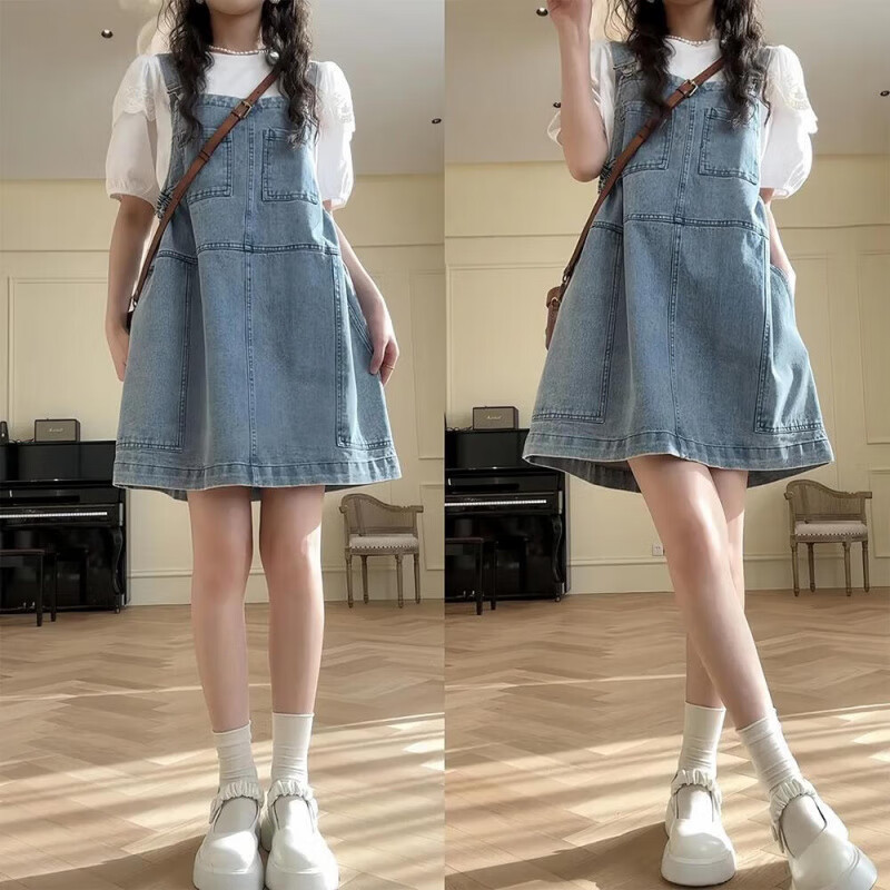 喻小熊牛仔连衣裙女2025新款夏少女小个子减龄腰侧松紧可调节背带裙女夏 蓝色 S 80-100