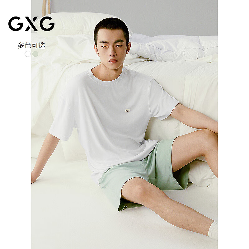 GXG春夏圆领T恤短裤套装简约撞色家居服男运动休闲睡衣睡裤 白色 L