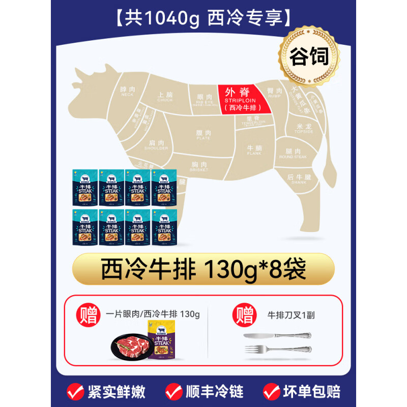 皓月【皓月】牛排谷飼西冷眼肉原肉整切兒童菲力家用黑椒牛扒官方旗艦 【共1040g】【整切調(diào)理】西冷130 1300g