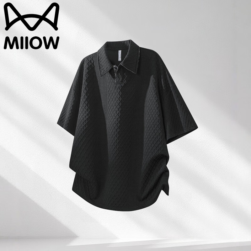 猫人短袖T恤男夏季半袖上衣半截袖休闲透气肌理感打底衫 黑色 XL