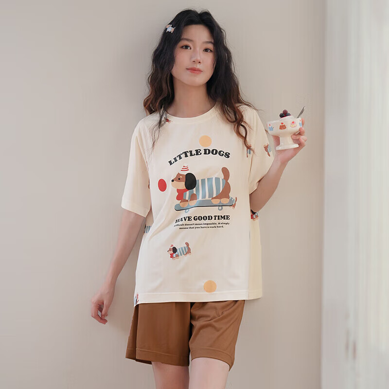 芬腾睡衣女夏季新款薄款短袖短裤甜美可爱少女大码家居服夏天套装 FX26921556米白 2XL 建议：145-160斤
