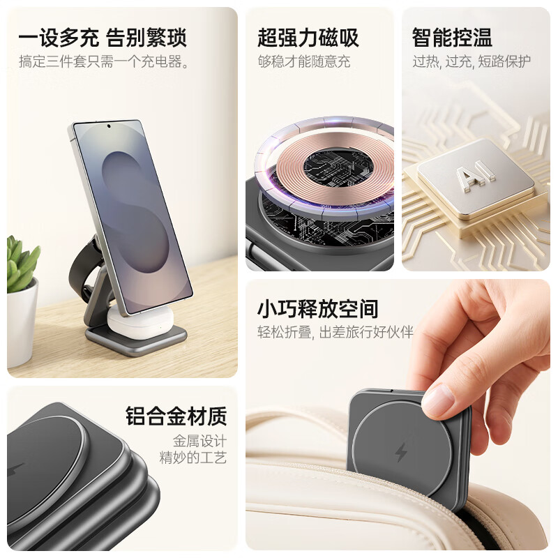 十一号线三星三合一无线充磁吸式充电器适用Galaxy S25Ultra立式快充可折叠便携Watch6桌面支架多功能通用 三星三合一无线充（太空灰）-X40