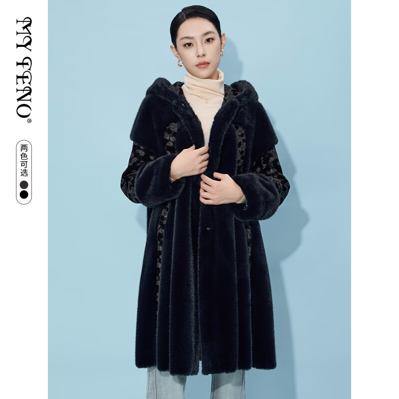 MY TENO马天奴官方正品冬季连帽毛绒大衣中长款加厚保暖女装外套时尚 黑色 L 40