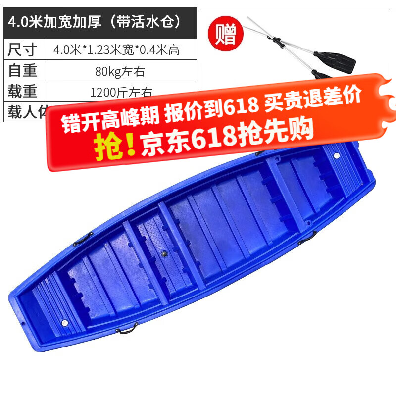 OEIN牛筋塑料船漁船捕魚小船加厚pe釣魚船沖鋒舟塑膠船河道清理保潔船 4米加寬活水倉帶4個(gè)把手漁船