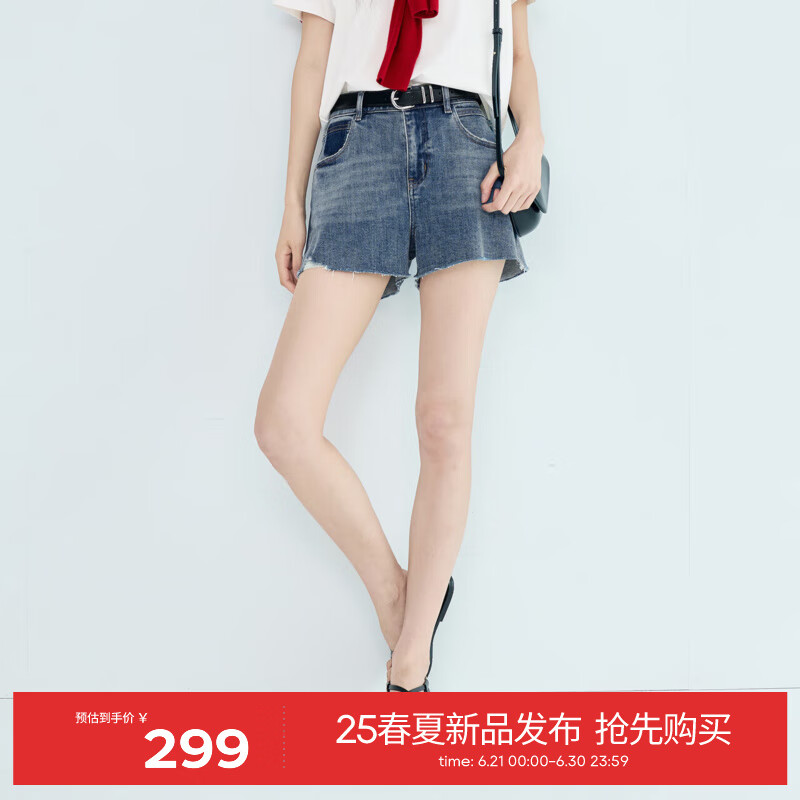 伊芙丽（eifini）伊芙丽全棉水洗复古毛边脚口设计高腰牛仔短裤2025夏季新款裤子 牛仔蓝 M