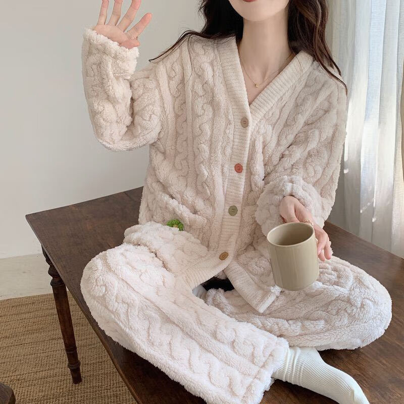 诗莉奥(SHILIAO)冬季加厚珊瑚绒毛毛睡衣女可外穿开衫两件套装纯 绿色小花 均码