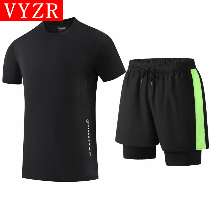 VYZR运动套装男健身衣服跑步装备晨跑服骑行训练房夏季紧身冰丝速干衣 黑色+黑色 M