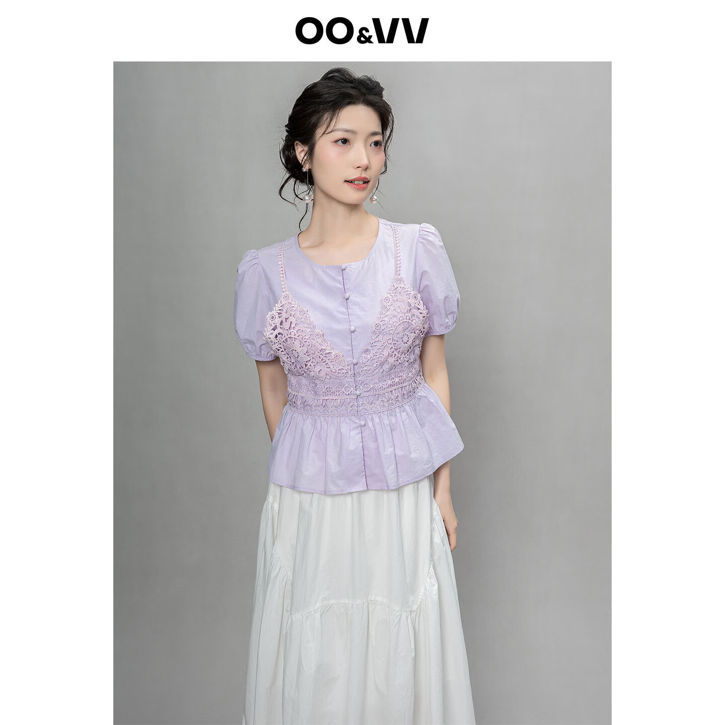 OO&VV蕾丝拼接短袖衬衫女2025夏新款圆领修身显瘦百搭上衣薄款 柔雾紫 XL 京东折扣/优惠券