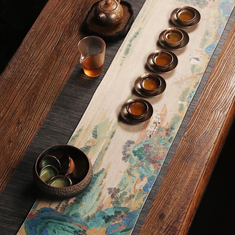 棉麻布艺茶席禅意干泡中式桌旗茶道千里江山图茶桌茶巾垫子泡茶布