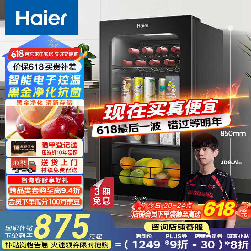海尔（Haier）92升一级能效家用客厅办公室冷藏柜暖藏冰吧 茶叶饮料水果蔬菜保鲜柜小型冰箱DS092LHESD1国家补贴