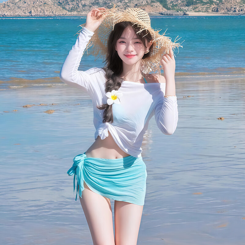 麓格立 比基尼女泳衣女新款海边泡温泉性感小清新长袖罩衫分体度假泳装  蒂芙尼蓝四件套【建议80-120斤】