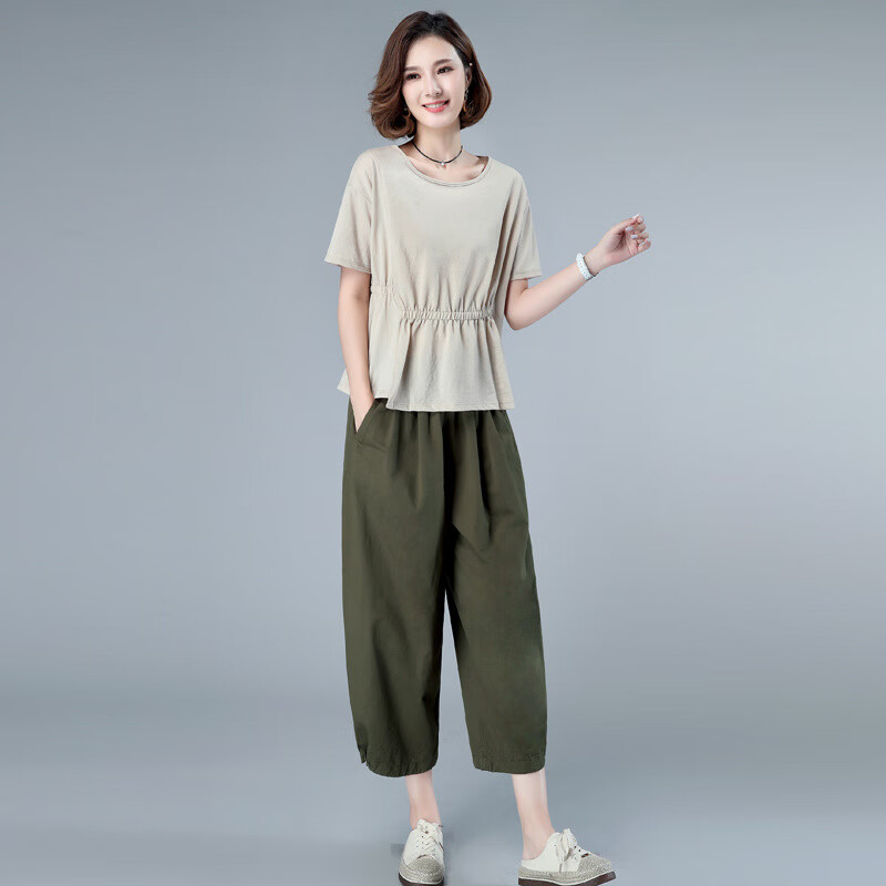ZKZR高端妈妈装中老年女装小个子棉麻套装宽松大码休闲洋气减龄两件套 卡其色+军绿色套装 2XL 建议145-160斤