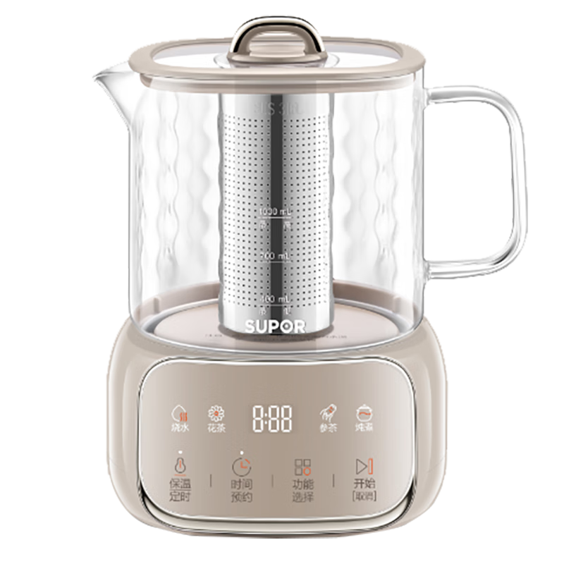 苏泊尔（SUPOR）全玻璃养生壶 煮茶壶1L迷你养生杯煮茶器花茶壶 恒温壶 母婴级 保温烧水壶316L带滤网SW-10Y08Q