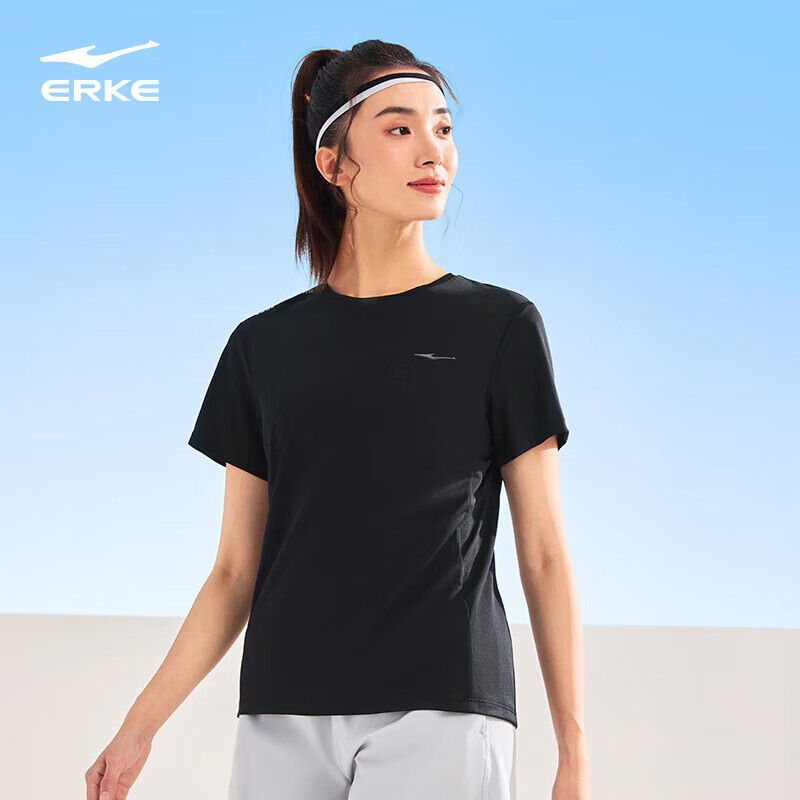 鸿星尔克（ERKE）短袖t恤女夏季新款女士跑步上衣羽毛球运动服冰丝速干衣 正黑 XL