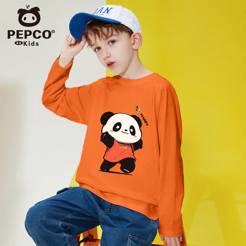 小猪班纳儿童长袖t恤男女童春秋款2025新款小男女孩上衣纯棉圆领打底衫 橙J09阳光熊猫 130 （建议身高120-130CM）