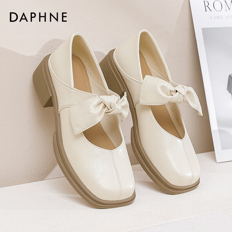 达芙妮复古玛丽珍女鞋2025新款鞋子女单鞋学院风乐福鞋厚底百搭小皮鞋JD 米白色【蝴蝶结款】 37