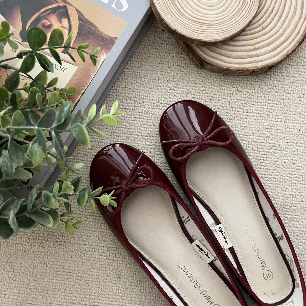 marcha鞋一脚蹬芭蕾舞平底女鞋蝴蝶结圆头浅口瓢鞋日系大码女单鞋 酒