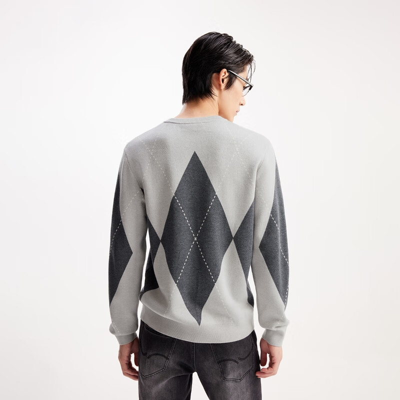 杰克·琼斯(JACK&JONES)男装25年秋冬季针织衫男士薄款毛衣菱形格纹长袖圆领套头打底衫 G41浅花灰色 XL (185)