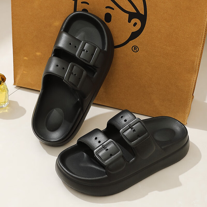 木木屋女士夏季外穿运动居家软底一字拖防滑防臭耐磨休闲月子鞋凉拖鞋 黑色【增高4CM】 37-38【偏小一码】