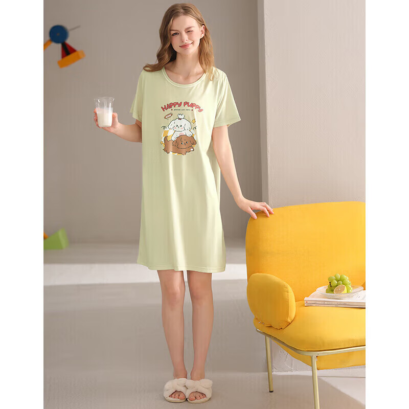 芬腾睡裙女士夏季薄款短袖睡衣中裙女款宽松休闲卡通可爱家居服 FX26921063果绿 L 建议：110-125斤