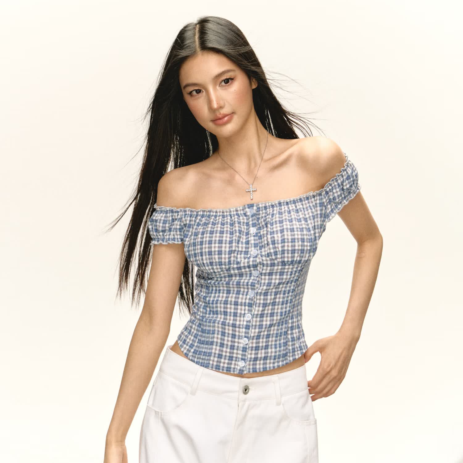 ARISEISM 美式复古设计感短袖t恤女夏季新款辣妹修身上衣 蓝棕色格纹 L