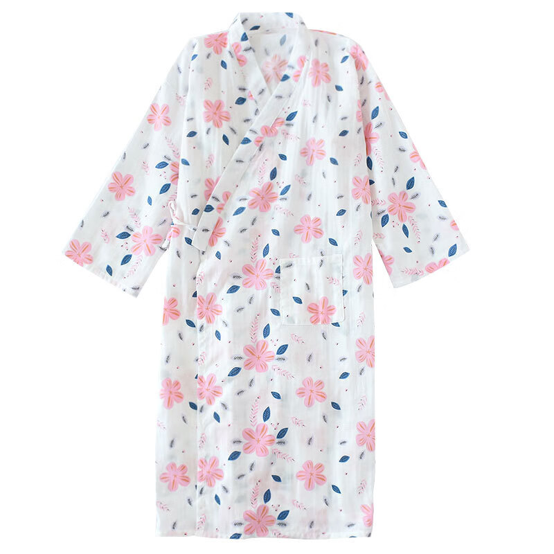【现货现发】浴袍女纱布薄款春夏中长睡袍宽松休闲 粉底太阳花 M