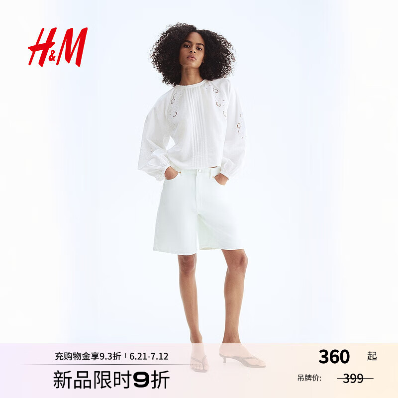 H&M衬衫2025夏新款时尚女装亚麻混纺镂空刺绣上衣1284688 白色 S 160/88