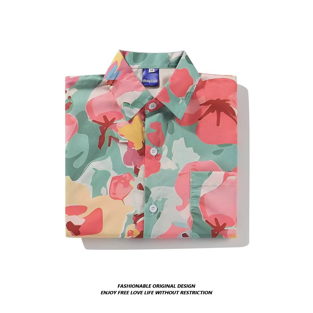 【精选】夏季短袖花衬衫海南岛度假花衬衫男情侣花设计感油画满印 图色 2XL