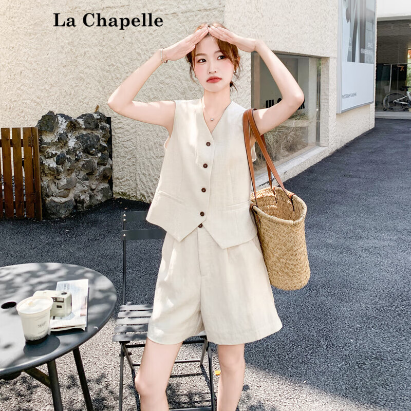 拉夏貝爾（La Chapelle）感老錢(qián)風(fēng)休閑馬甲短褲兩件套裝女2025夏季大方得體穿搭一整套 米白色 馬甲+短褲 L (125斤內)