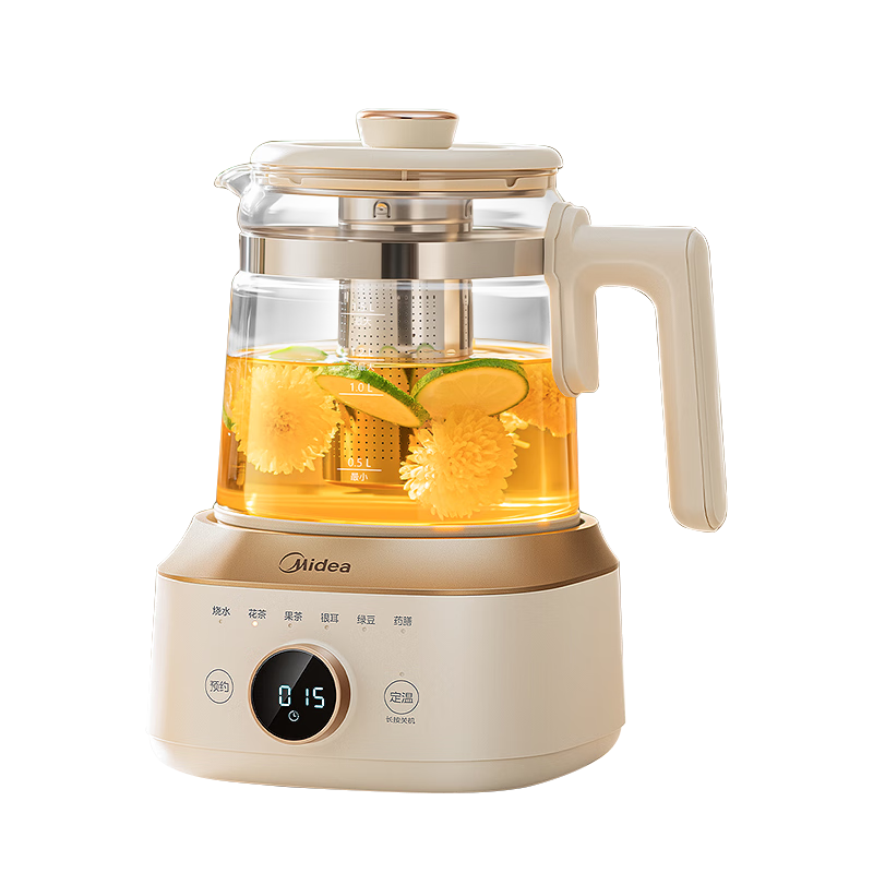 美的（Midea）全玻璃养生壶全自动烧水壶母婴恒温电热水壶花茶壶全包裹护底防碎1.5L MK-YS15B201