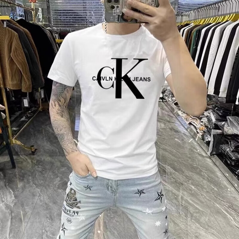 CALVIN KLEIN JEANS夏季CK短袖T恤男士修身纯棉圆领休闲大码上衣 黑色款式8 6XL 建议【200-215】斤