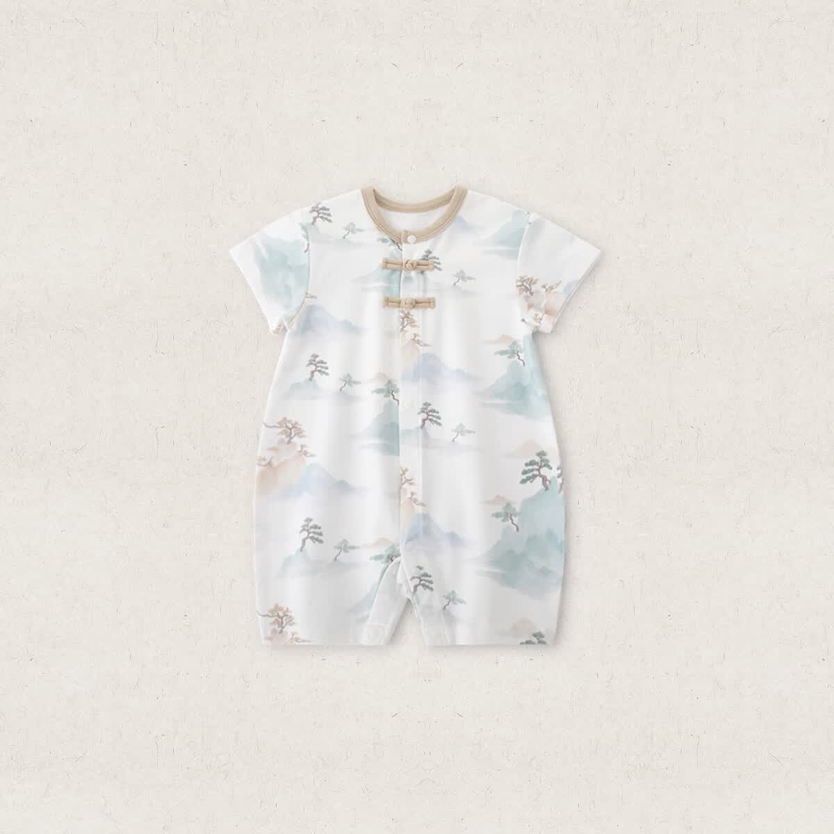 汉宫优品婴儿连体衣夏装男女宝短袖薄款哈衣爬服夏季外出服新中式宝宝衣服 水墨之韵 90cm