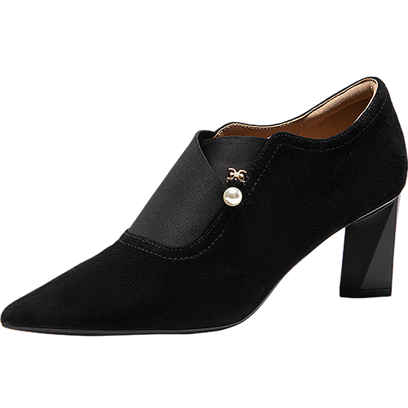 千百度【靜音系列】粗高跟踝靴女秋新款短靴深口單鞋 黑色 38 (240mm)