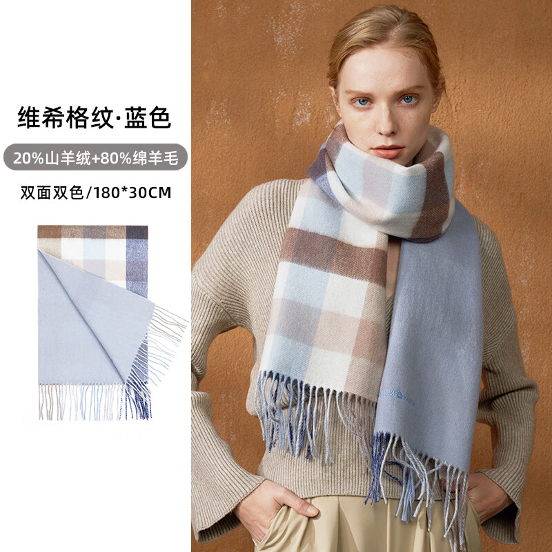 玛丽亚·古琦双面毛绒围巾女生冬季格子围巾生日礼物 浅蓝色【维希格纹】_双面双色