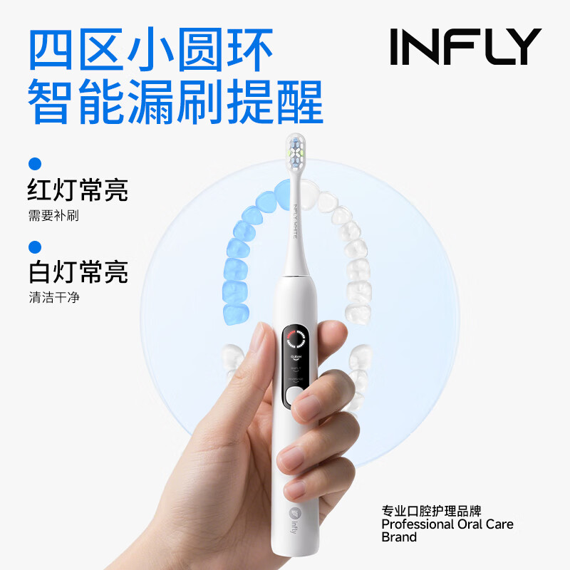 infly因范扫振电动牙刷T34智能圆屏4区男女朋友成人情侣款扫振不打牙 漏刷提醒款星踪绿