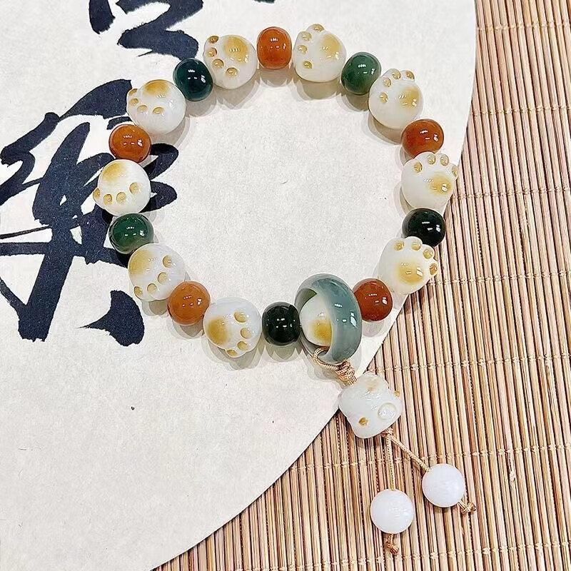 山中玉文玩猫爪菩提根炭烧高密白玉菩提子流苏猫咪生日礼物手串 猫爪菩提跑环款