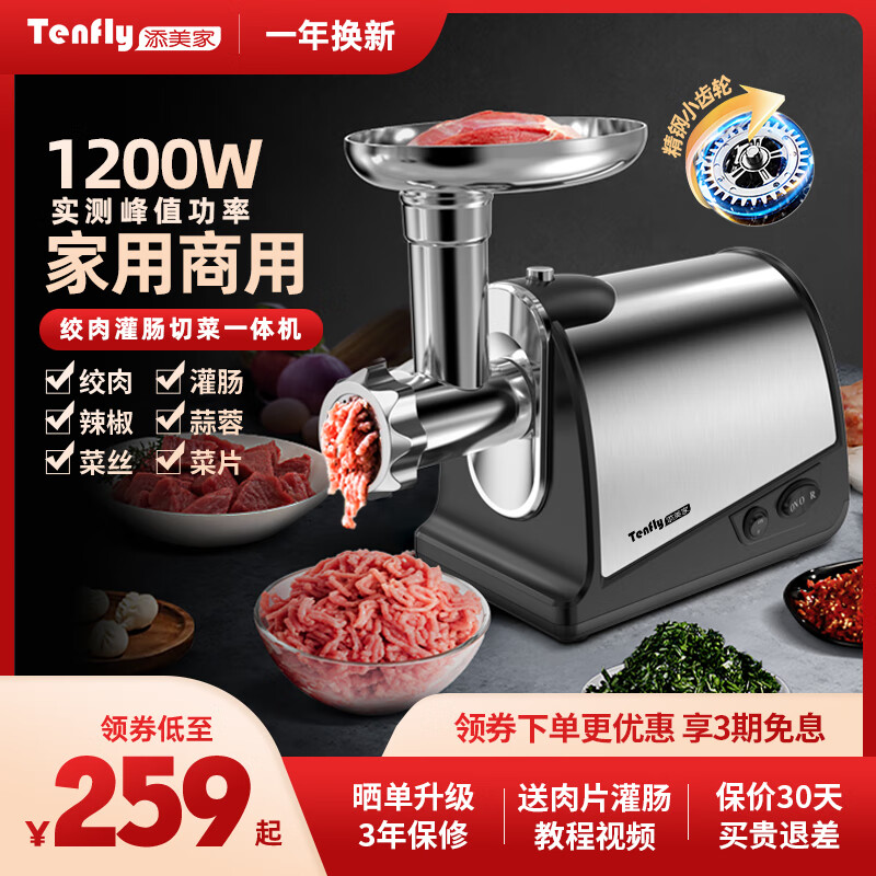 Tenfly绞肉机家用电动灌肠机电磁搅拌多功能碎肉绞蒜泥绞肉神器厨房料理机商用辣椒蒜蓉机出口转内销 家用小型商用进阶款450W 4L